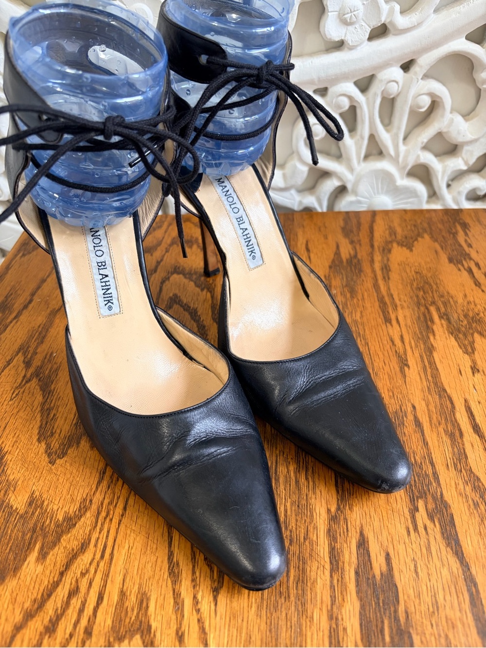 Manolo Blahnik Black Leather Lace Up Ankle Cuff Heels Size 38